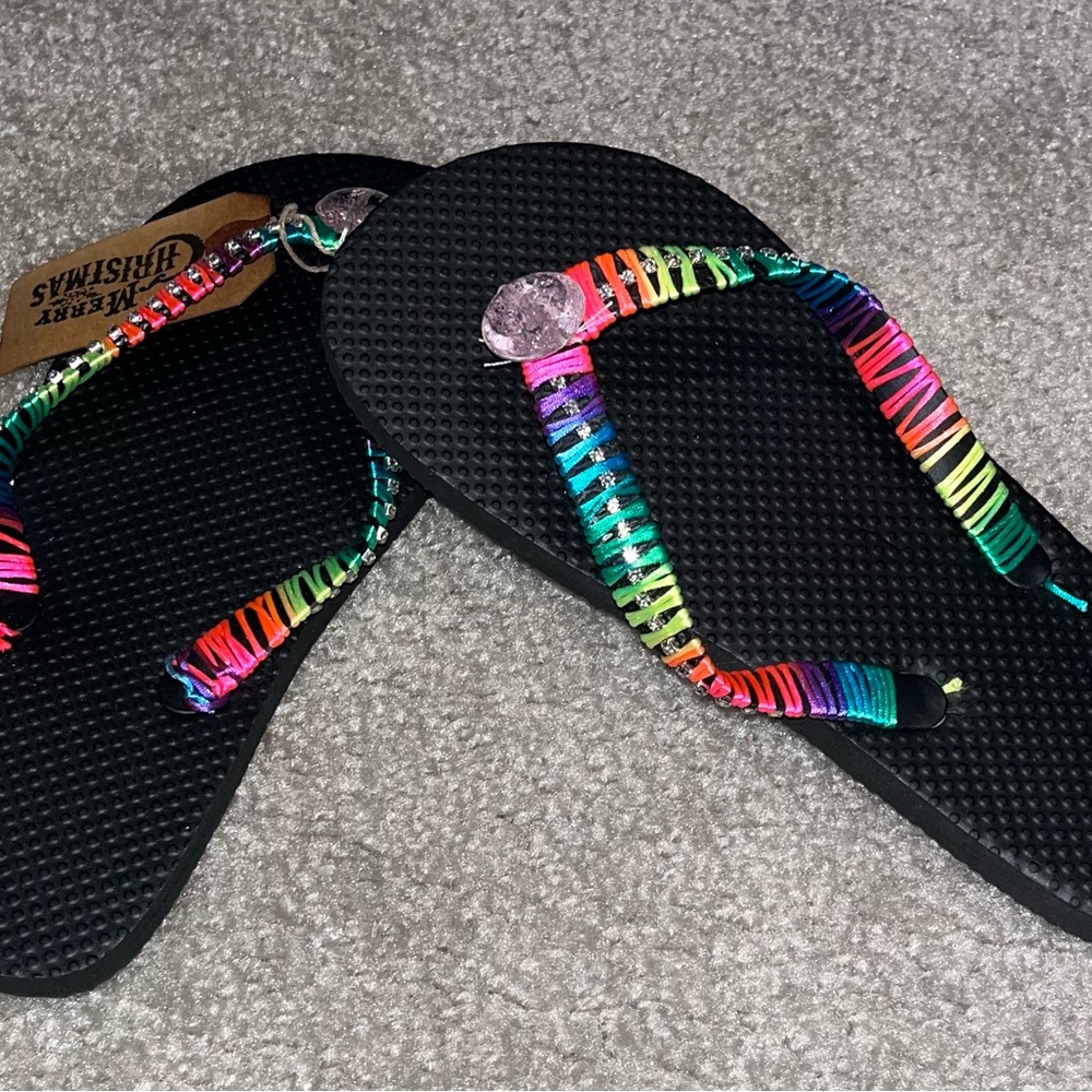 Neon Stripes- custom made Flip Flops with Black Soles - Picture 2 of 3